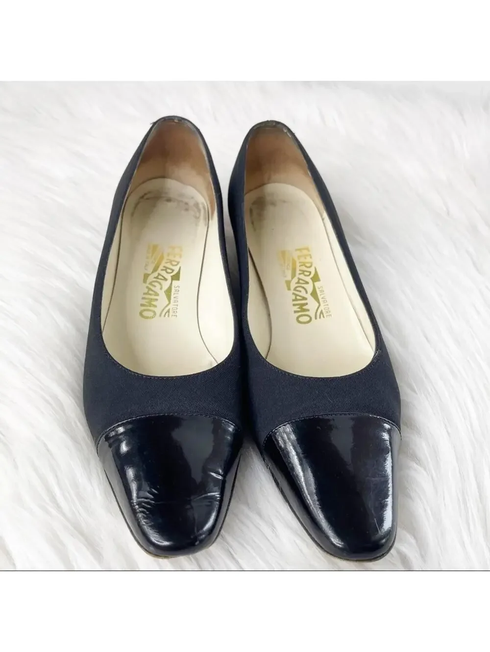 Salvatore Ferragamo Black Cap-Toe Heels 6.5 B